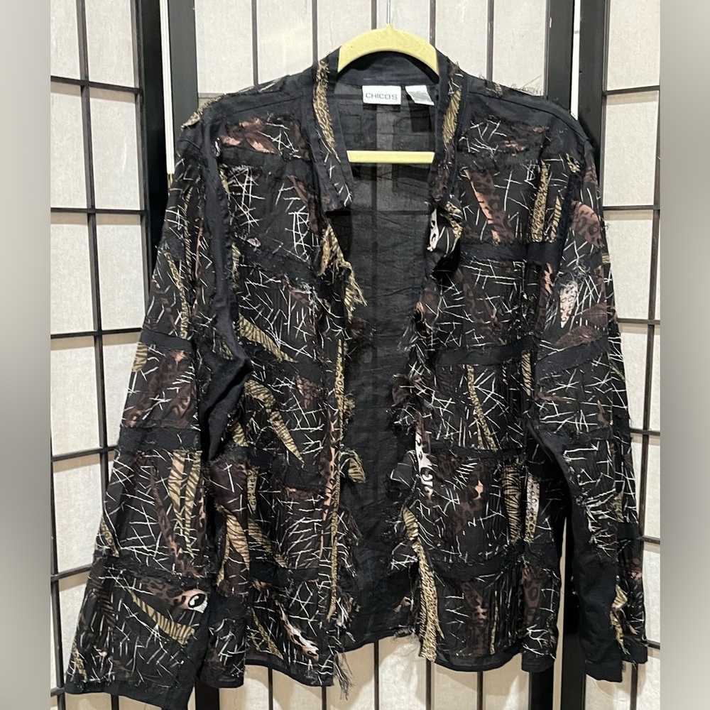 Chico's Elegant Black Cotton/SILK Blend WHISPY TATTERED UNIQUE JACKET SIZE 3(16) - Picture 3 of 12